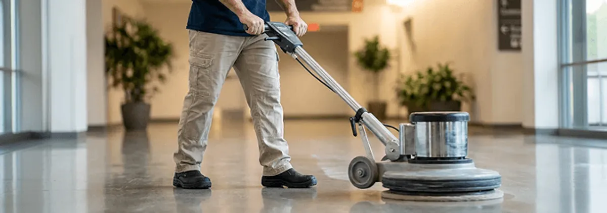 Professional technician using an industrial floor buffer to polish and maintain shiny commercial flooring in a corporate hallway in Springfield, MO.