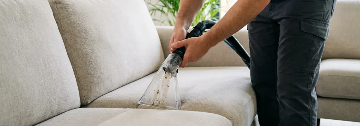 Technician extracting dirt and moisture from a fabric sofa with an upholstery cleaning wand, Springfield, MO.